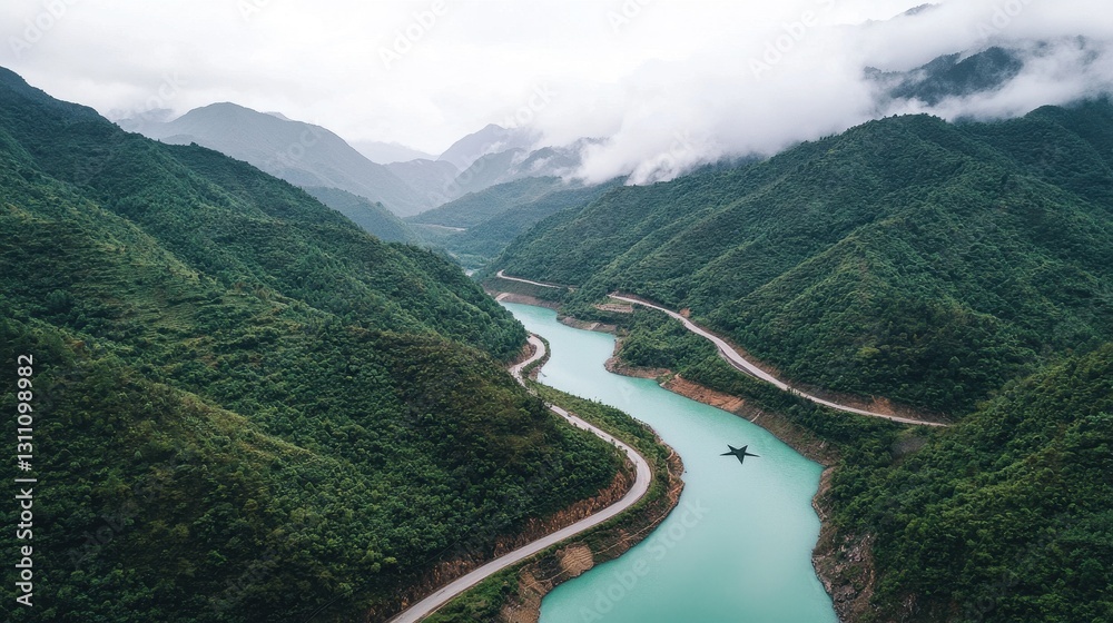 Fototapeta premium Serene Aerial View of Curving River Amidst Lush Green Mountains