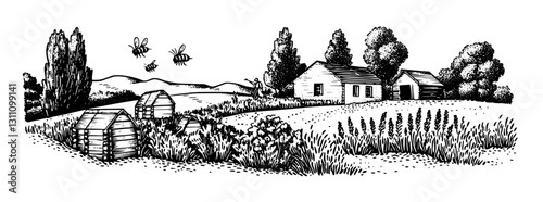 Captivating landscape featuring quaint cottages, buzzing bees, and lush greenery for artistic tattoo inspiration