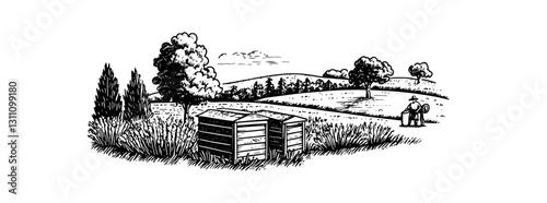 Engraved illustration of beekeeping in a serene landscape with hives and a keeper tending to the bees
