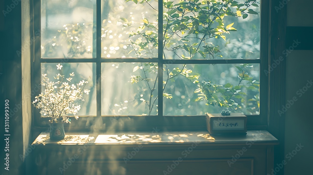 Naklejka premium Serene Sunlight Window Flowers Green Plants Home Decor Image