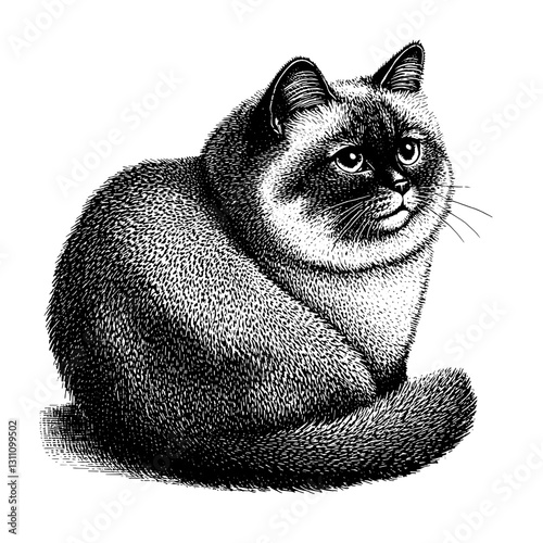 Engraved illustration of a fluffy cat with a curious expression for tattoo and packaging design inspiration