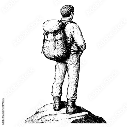 Engraved illustration of a contemplative hiker standing on a rocky summit, capturing the spirit of adventure and exploration in nature