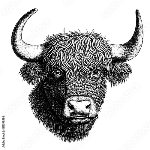 Engraved illustration of a majestic highland cow head with intricate details for tattoo and packaging design inspiration