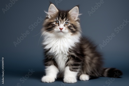 there is a fluffy cat sitting on a blue surface