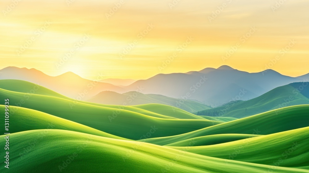 Rolling Green Hills Under A Golden Sky At Sunrise Rolling Green Hills Under A Golden Sky At Sunrise