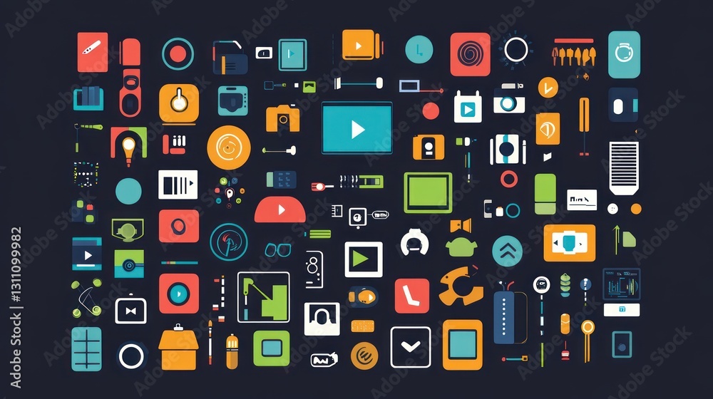 A collection of abstract icons arranged on a dark backdrop A collection of abstract icons arranged on a dark backdrop