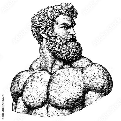Engraved illustration of a muscular figure showcasing strength and resilience in artistic tattoo style
