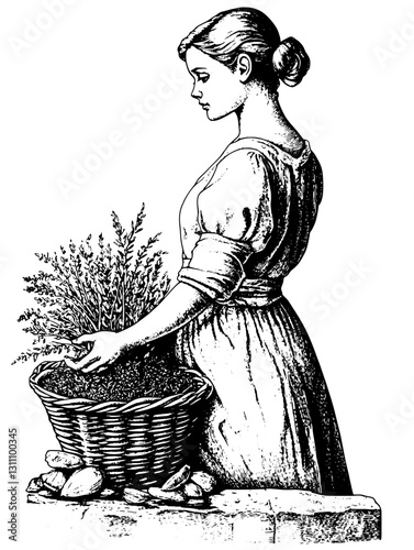 Crafting with nature, a woman gathers herbs in a serene garden setting, embodying timeless tradition and earth's bounty through intricate artistry