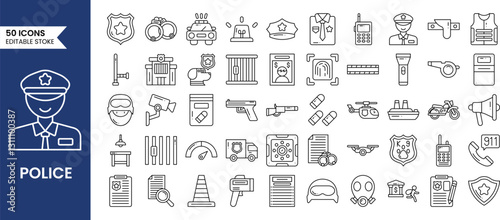Police equipment icons set in line style. Containing badge, jail, arrest, investigate, weapon, police officer and more. Vector illustration