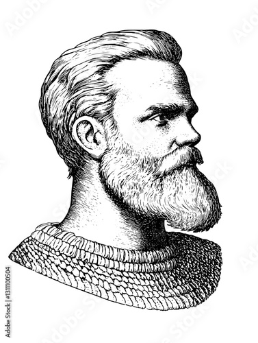 Intricate portrait of a bearded man in a detailed tattoo style with historical influence and design elegance