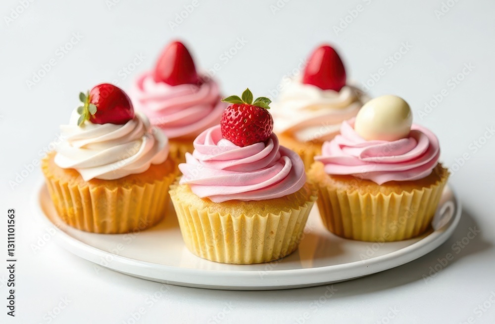 Colorful cupcakes with strawberry toppings arranged on a white plate Colorful cupcakes with strawberry toppings arranged on a white plate