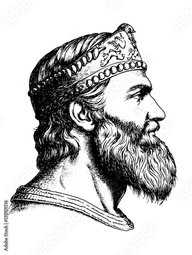 Engraved illustration of a regal figure in profile with a majestic crown and intricately styled beard