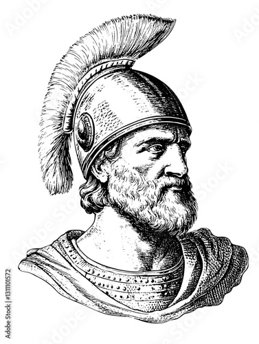 Engraved illustration of a valiant warrior in an ornate helmet, showcasing historical tattoo design inspiration for modern art