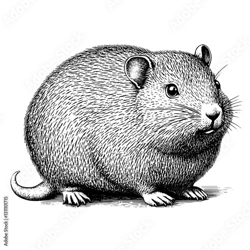 Engraved illustration of a cute, round rodent showcasing intricate detailing in a vintage style for tattoo and packaging design enthusiasts