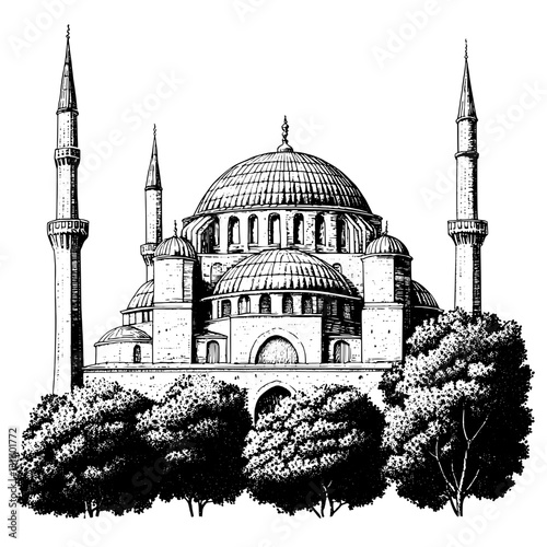 Intricate engraved illustration of a historic mosque surrounded by lush trees in a serene landscape evoking deep cultural resonance