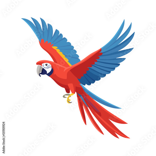 Macaw parrot red blue flying vector illustration. Exotic tropical bird on isolated background.