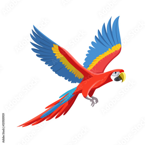 Macaw parrot red blue flying vector illustration. Exotic tropical bird on isolated background.