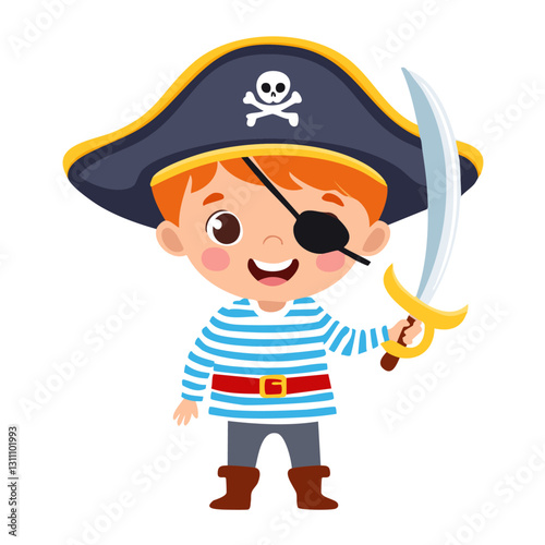 Cute boy in pirate costume vector illustration in cartoon style.