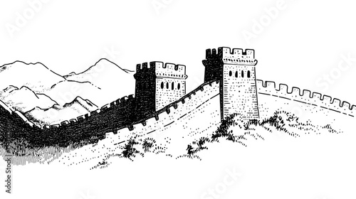 Engraved vector illustration of an ancient mountain fortress with watchtowers and surrounding hills
