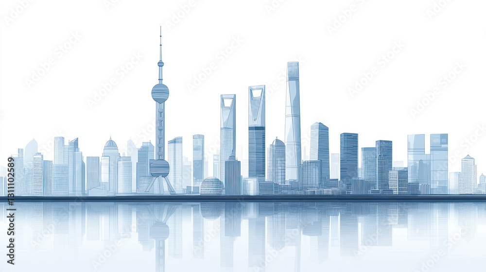 Fototapeta premium Shanghai skyline, urban cityscape, reflection, modern architecture, business background
