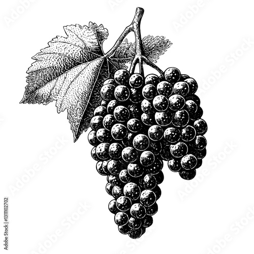 This intricate engraving showcases a cluster of ripe grapes, elegantly hanging from a vine amid expertly detailed leaves