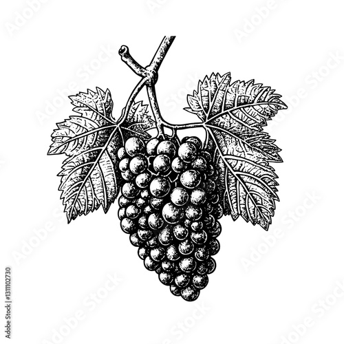 Intricate engraved illustration of grapes hanging from a vine with detailed leaves for artistic design and tattoo inspiration