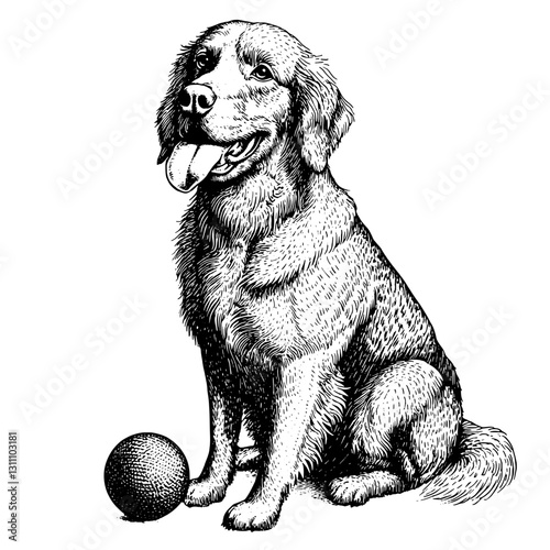 Engraved illustration of a friendly golden retriever with a ball in a playful setting