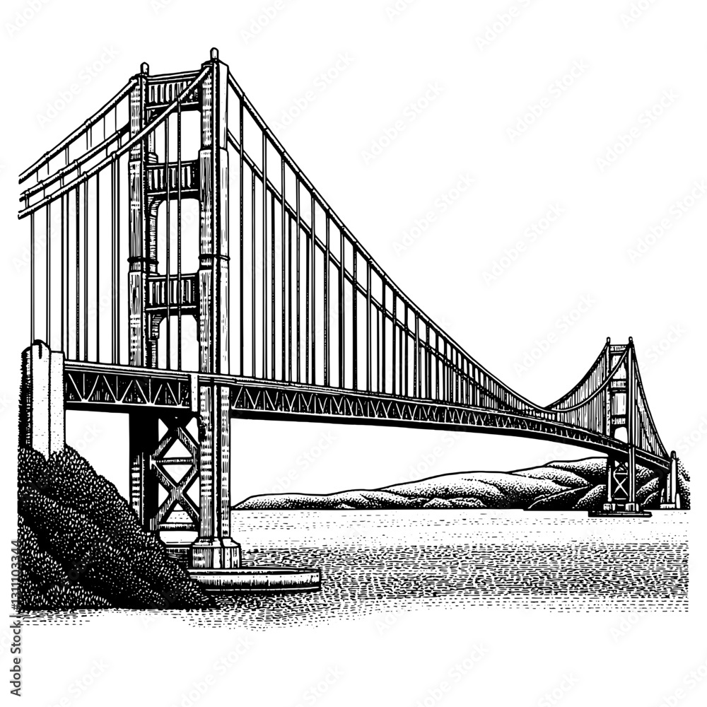 Fototapeta premium Majestic suspension bridge stands tall against tranquil waters and distant hills in an intricate engraved illustration for artistic expression