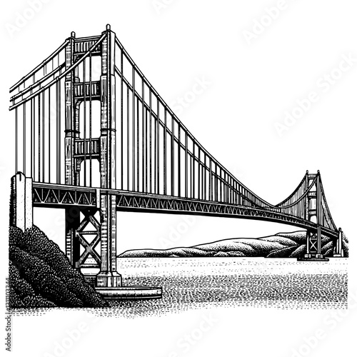 Majestic suspension bridge stands tall against tranquil waters and distant hills in an intricate engraved illustration for artistic expression
