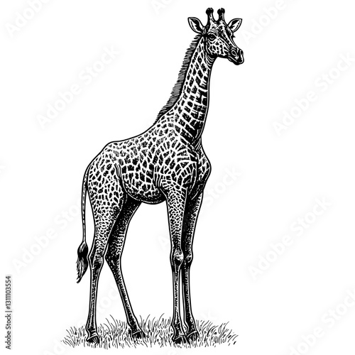 Unique engraved giraffe illustration for tattoo and packaging design showcasing detailed anatomical features in a striking vector style