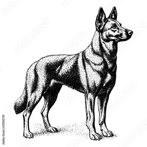 Intricate engraved illustration of a proud dog standing in a natural pose, showcasing its features and character in a vintage style