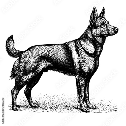 Engraved illustration of a standing dog in a classic tattoo style perfect for design lovers and animal enthusiasts