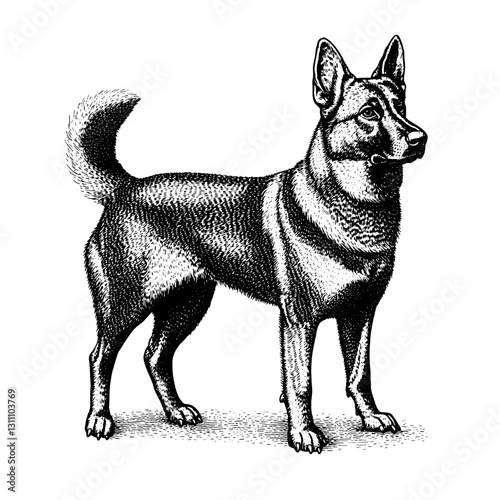 Detailed engraved illustration of a majestic dog embodying strength and loyalty suitable for tattoo and design applications