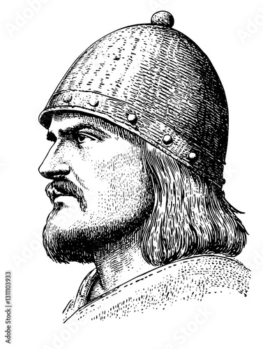 Engraved illustration of a medieval warrior character with distinctive helmet and fierce expression emblematic of valor and bravery