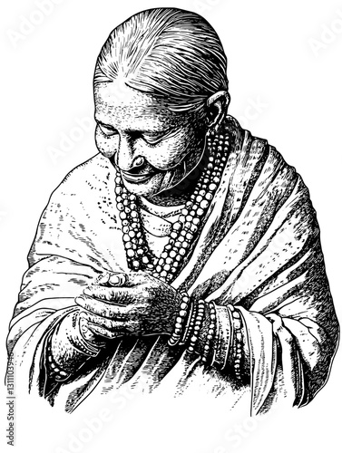 Intricate engraving of a serene elderly woman adorned in traditional jewelry, intricately designed for tattoo and packaging use