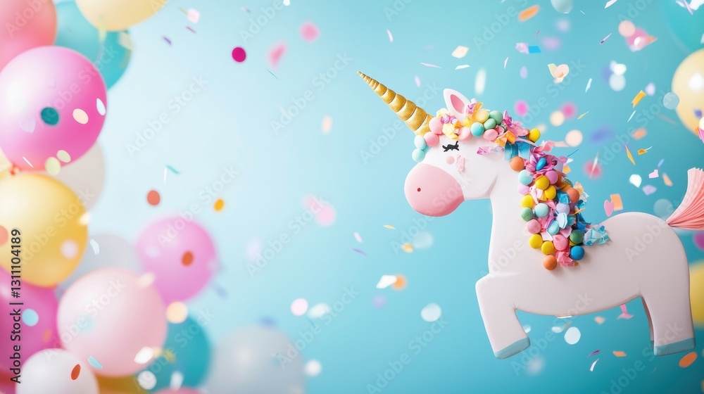 Obraz premium A close up shot of a unicorn shaped pinata filled with candy and confetti, ready to be broken open at a children party, symbolizing fun, excitement, and sweet treats.