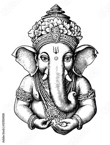 Intricate engraving of a revered deity holding riches, adorned with regal jewelry and floral crown in a detailed vector style