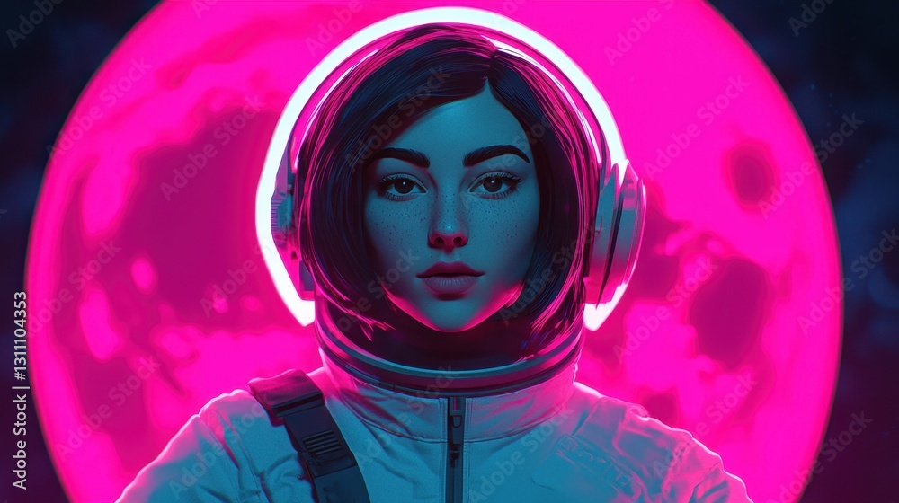 Astronaut Portrait Under Vibrant Pink Moonlight With Neon Glow Astronaut Portrait Under Vibrant Pink Moonlight With Neon Glow