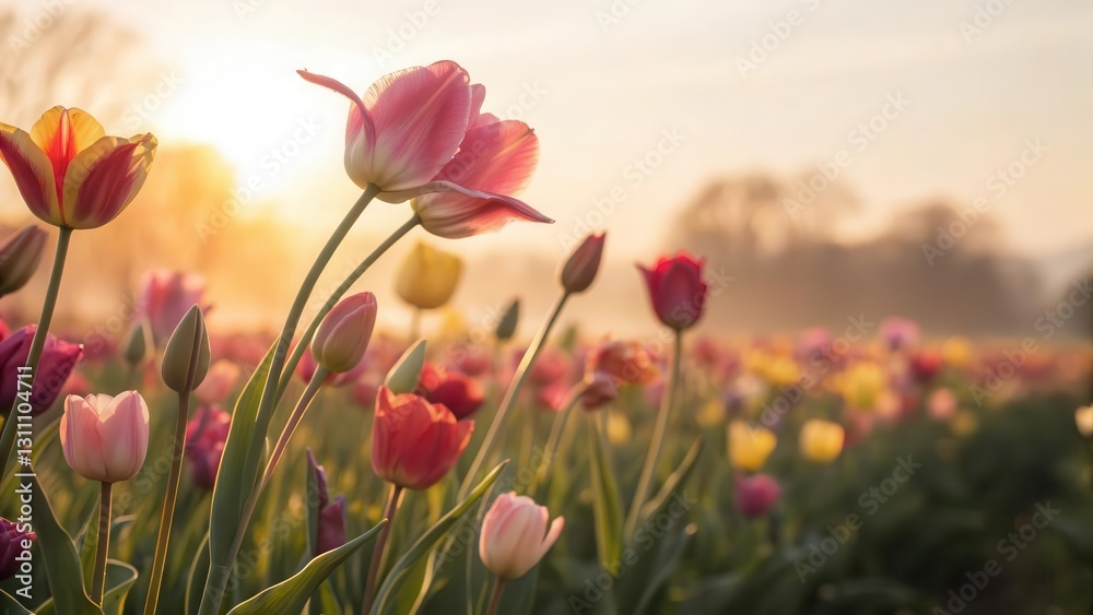 Obraz premium Blurred tulip field with soft sunrise glow and copy space in the center, creating a dreamy atmosphere for viewers to get lost in.