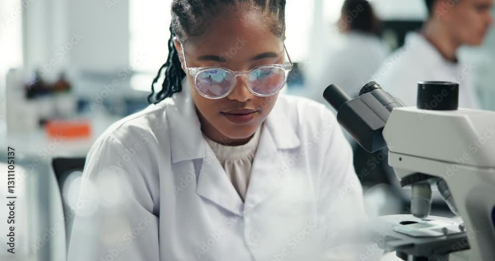 Science, lab and African woman with microscope writing notes for research, medical study or discovery. Healthcare, pharmaceutical and scientist with equipment for vaccine, microbiology and experiment Science, lab and African woman with microscope writing notes for research, medical study or discovery. Healthcare, pharmaceutical and scientist with equipment for vaccine, microbiology and experiment