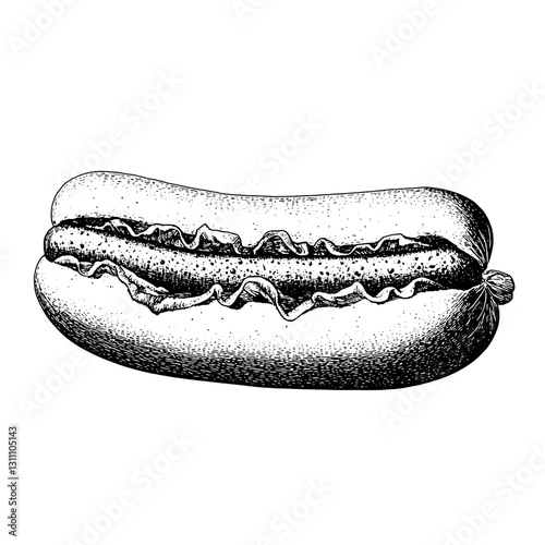 Engraved hot dog illustration perfect for tattoo art and packaging design featuring intricate detailing and vintage style