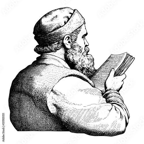 Engraved illustration of a bearded scholar absorbed in reading a book, conveying wisdom and knowledge through intricate detail