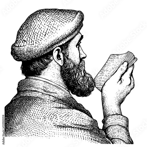Intricate engraved illustration of a man with a beard reading a rolled scroll while wearing a distinctive cap, symbolizing knowledge and reflection