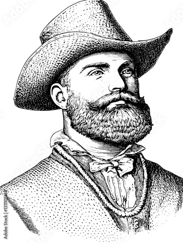 Engraved illustration of a rugged cowboy showcasing traditional attire and facial features in a vintage style