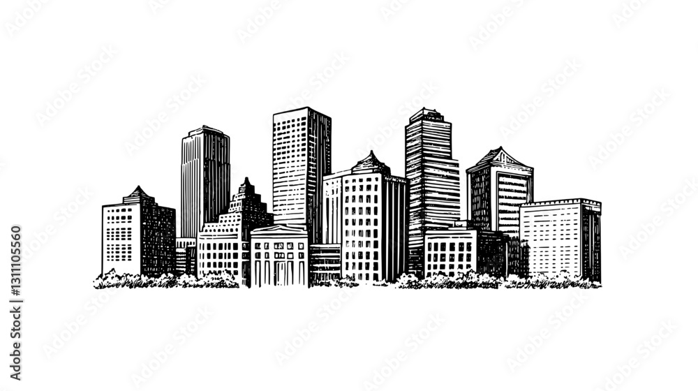 Urban skyline illustration depicting towering buildings and unique architectural designs in a bustling city landscape