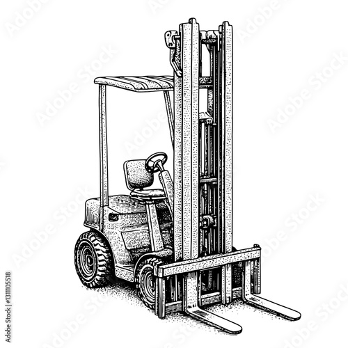 Engraved illustration of a rustic forklift showcasing intricate details for tattoo and packaging design inspiration