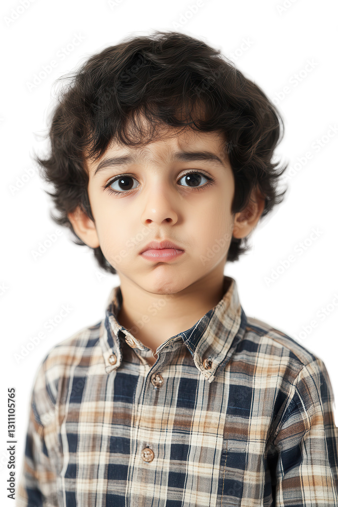 Child standing alone isolated on white background looking sad and pensive in casual plaid shirt. Emotions, childhood, innocence, candid expression. Child standing alone isolated on white background looking sad and pensive in casual plaid shirt. Emotions, childhood, innocence, candid expression.
