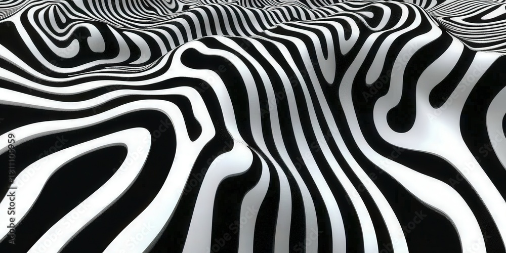 Curved black and white patterns create a mesmerizing wave-like effect in a modern art installation