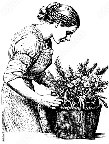 Engraved illustration of a woman tending to a basket of flowers in a peaceful garden setting