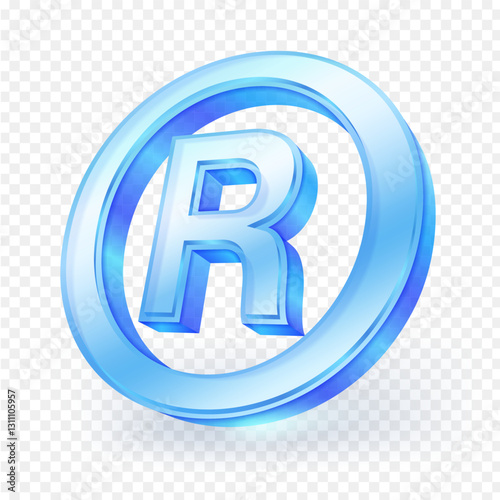 Glass material registered trademark icon. Letter R in a circle isolated on transparent background. 3D vector illustration.